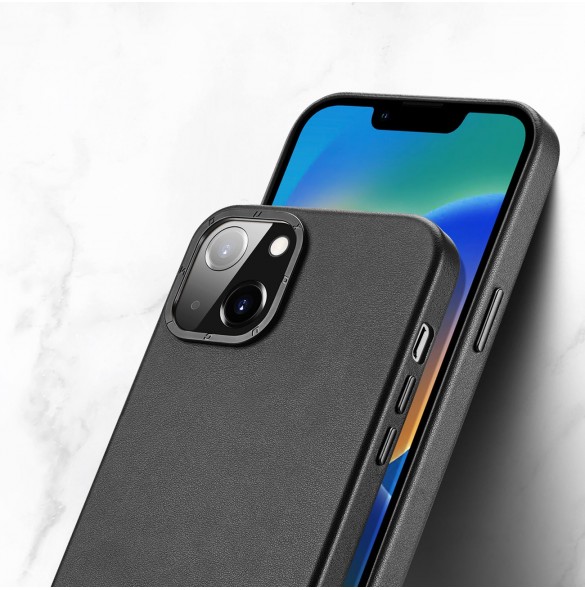 Dux Ducis Grit Läderfodral för iPhone 14 Plus Elegant konstläderfodral (MagSafe-kompatibelt) Svart