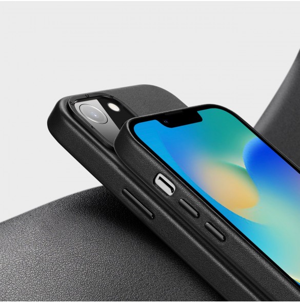 Dux Ducis Grit Läderfodral för iPhone 14 Plus Elegant konstläderfodral (MagSafe-kompatibelt) Svart