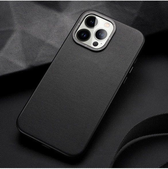 Dux Ducis Grit Läderfodral för iPhone 14 Pro Elegant konstläderfodral (MagSafe-kompatibelt) Svart