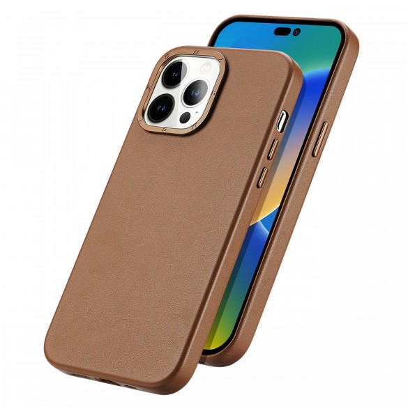 Dux Ducis Grit Läderfodral för iPhone 14 Pro Elegant konstläderfodral (MagSafe-kompatibel) Brun