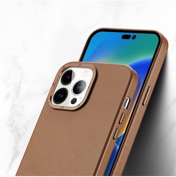 Dux Ducis Grit Läderfodral för iPhone 14 Pro Elegant konstläderfodral (MagSafe-kompatibel) Brun
