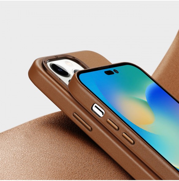 Dux Ducis Grit Läderfodral för iPhone 14 Pro Elegant konstläderfodral (MagSafe-kompatibel) Brun