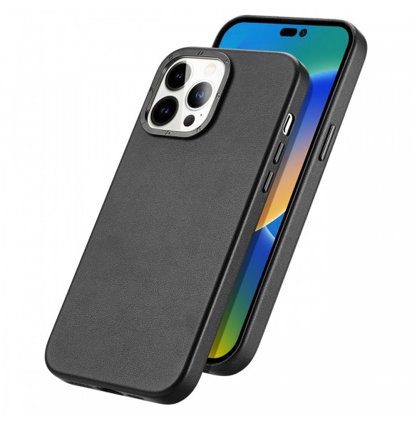 Dux Ducis Grit Läderfodral för iPhone 14 Pro Max Elegant konstläderfodral (MagSafe-kompatibelt) Svart