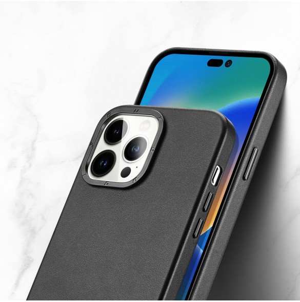 Dux Ducis Grit Läderfodral för iPhone 14 Pro Max Elegant konstläderfodral (MagSafe-kompatibelt) Svart