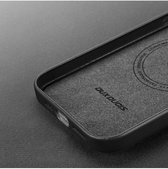 Dux Ducis Grit Läderfodral för iPhone 14 Pro Max Elegant konstläderfodral (MagSafe-kompatibelt) Svart
