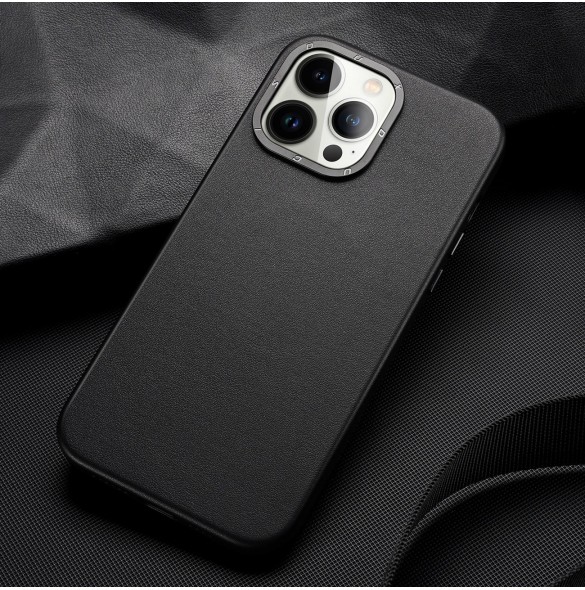 Dux Ducis Grit Läderfodral för iPhone 14 Pro Max Elegant konstläderfodral (MagSafe-kompatibelt) Svart