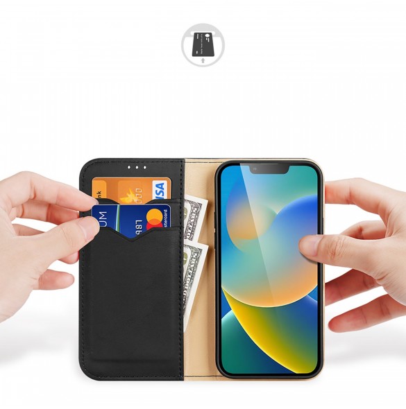 Dux Ducis Hivo Läder Flip Cover Plånbok i äkta läder för kort och dokument iPhone 14 Plus Svart