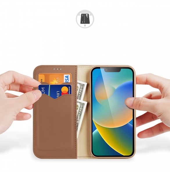 Dux Ducis Hivo Läder Flip Cover Plånbok i äkta läder för kort och dokument iPhone 14 Plus Brun