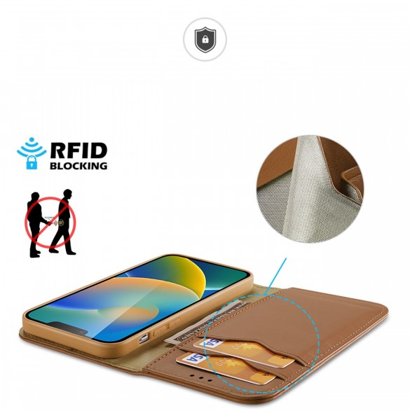 Dux Ducis Hivo Läder Flip Cover Plånbok i äkta läder för kort och dokument iPhone 14 Plus Brun