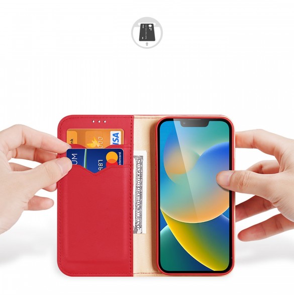 Dux Ducis Hivo Läder Flip Cover Plånbok i äkta läder för kort och dokument iPhone 14 Plus Röd