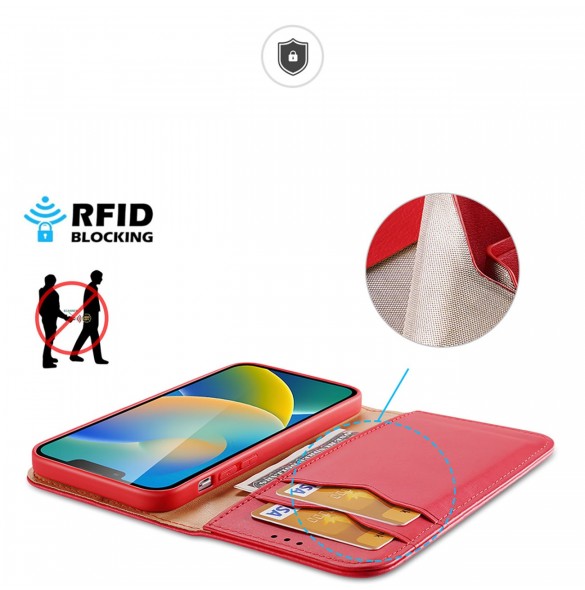 Dux Ducis Hivo Läder Flip Cover Plånbok i äkta läder för kort och dokument iPhone 14 Plus Röd