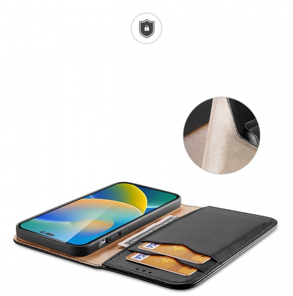 Dux Ducis Hivo Läder Flip Cover Plånbok i äkta läder för kort och dokument iPhone 14 Pro Max Svart