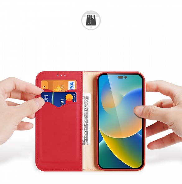 Dux Ducis Hivo Läder Flip Cover Plånbok i äkta läder för kort och dokument iPhone 14 Pro Red