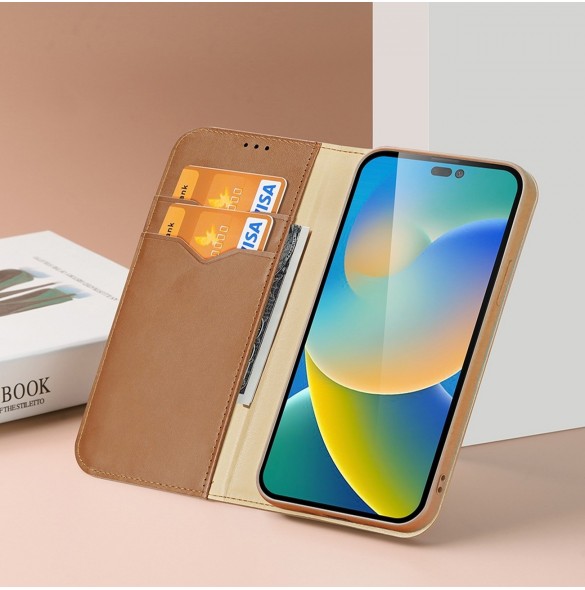 Dux Ducis Hivo Läder Flip Cover Plånbok i äkta läder för kort och dokument iPhone 14 Pro Red