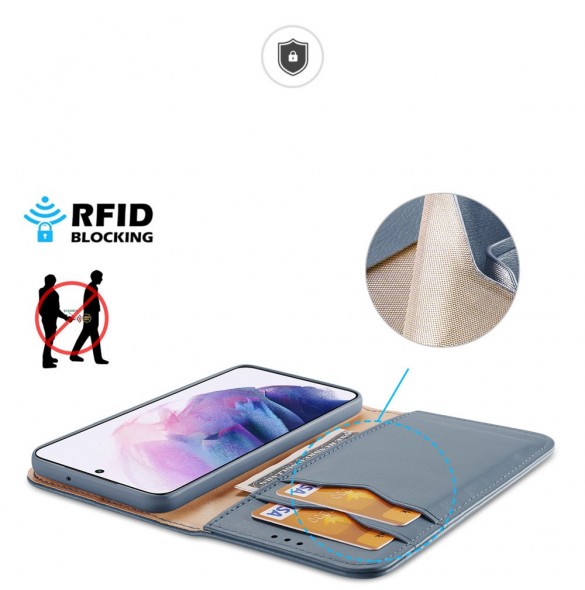 Dux Ducis Hivo Läder Flip Cover Plånbok i äkta läder för kort och dokument Samsung Galaxy S22 Blå