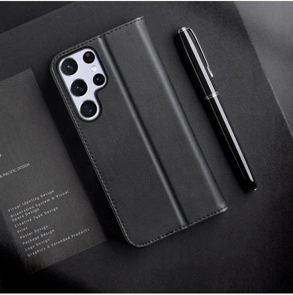 Dux Ducis Hivo Läder Flip Cover Plånbok i äkta läder för kort och dokument Samsung Galaxy S22 Ultra Black