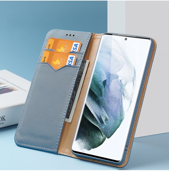 Dux Ducis Hivo Läder Flip Cover Plånbok i äkta läder för kort och dokument Samsung Galaxy S22 Ultra Blue