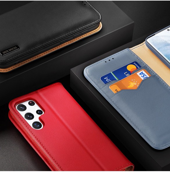 Dux Ducis Hivo Läder Flip Cover Plånbok i äkta läder för kort och dokument Samsung Galaxy S22 Ultra Red