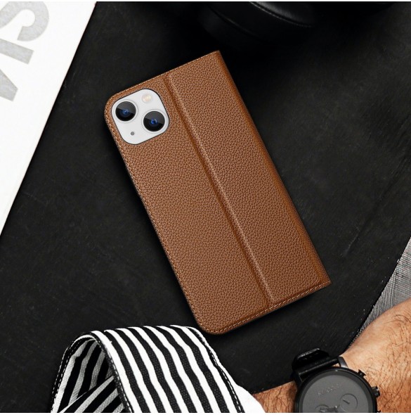 Dux Ducis Skin X2 skal till iPhone 14 Plus skal med magnetisk flik brun