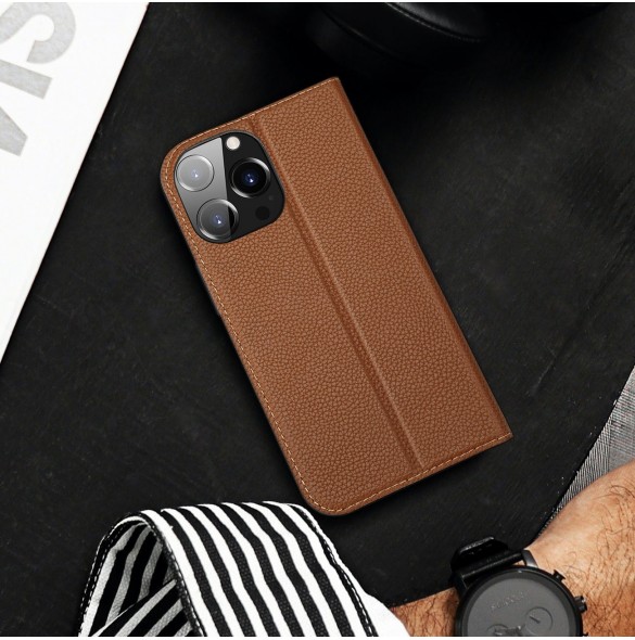 Dux Ducis Skin X2 skal till iPhone 14 Pro Max skal med magnetisk flik brun