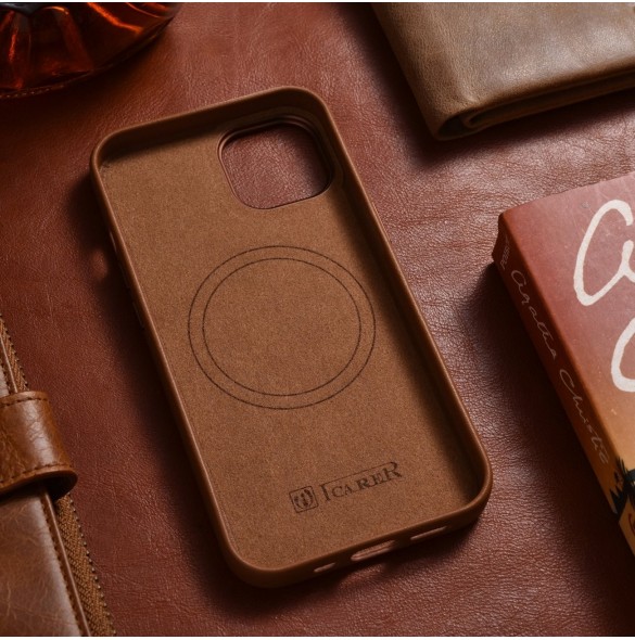 iCarer Case Läderfodral Skal för iPhone 14 Plus Brown (MagSafe-kompatibel)