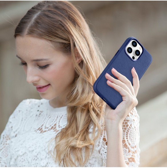iCarer Case Läderfodral skal för iPhone 14 Pro Blue (WMI14220706-BU) (MagSafe-kompatibel)