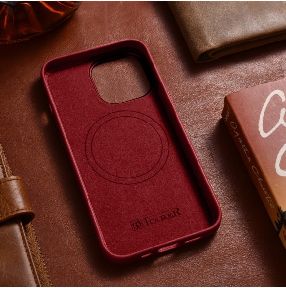 iCarer Case Läderfodral skal för iPhone 14 Pro Red (WMI14220706-RD) (MagSafe-kompatibel)