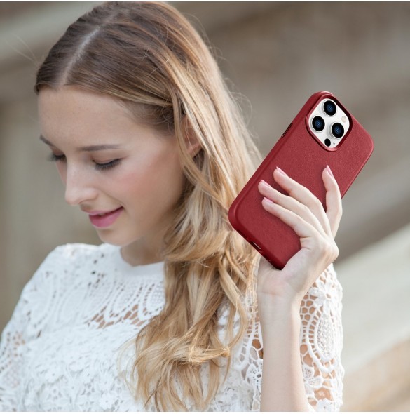 iCarer Case Läderfodral skal för iPhone 14 Pro Red (WMI14220706-RD) (MagSafe-kompatibel)