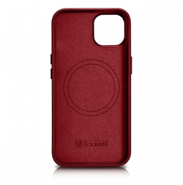 iCarer Fodral Läderfodral av naturläder för iPhone 14 Plus röd (kompatibel med MagSafe)