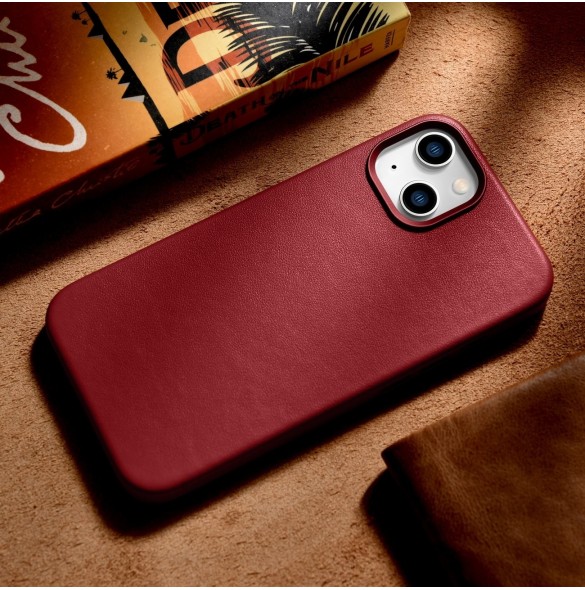 iCarer Fodral Läderfodral av naturläder för iPhone 14 Plus röd (kompatibel med MagSafe)