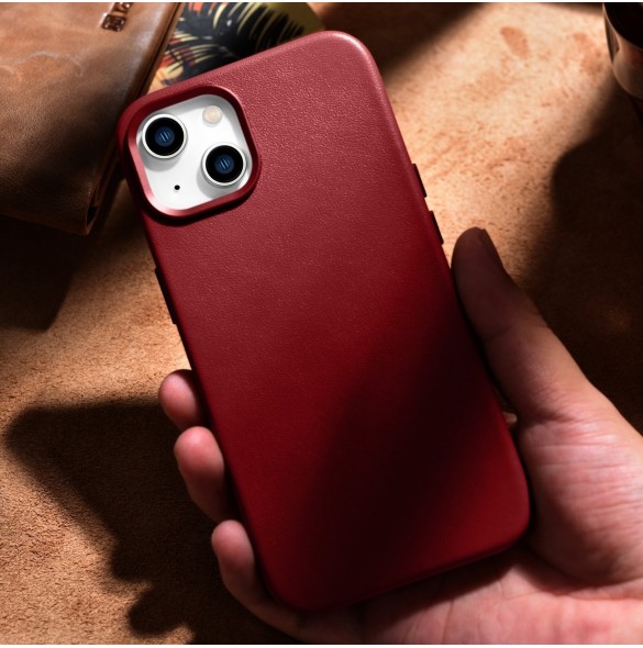 iCarer Fodral Läderfodral av naturläder för iPhone 14 Plus röd (kompatibel med MagSafe)