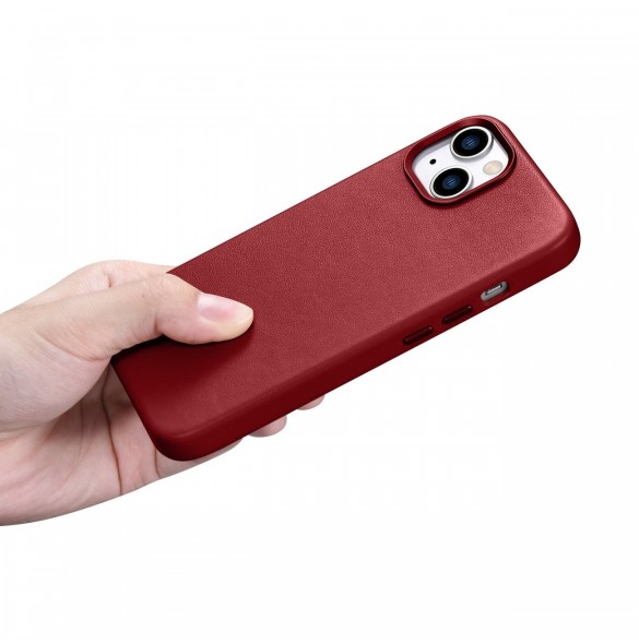 iCarer Fodral Läderfodral av naturläder för iPhone 14 Plus röd (kompatibel med MagSafe)