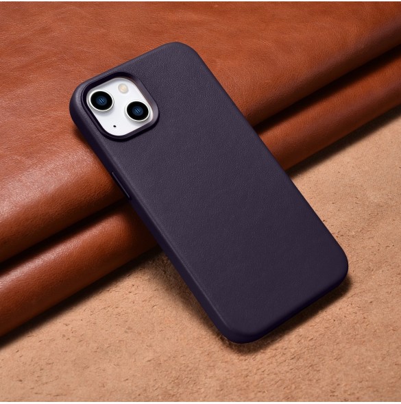 iCarer Case Läderfodral för iPhone 14 Plus mörklila (MagSafe-kompatibel)