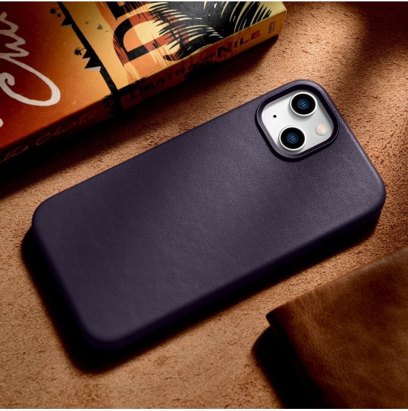 iCarer Case Läderfodral för iPhone 14 Plus mörklila (MagSafe-kompatibel)