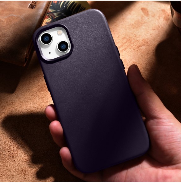 iCarer Case Läderfodral för iPhone 14 Plus mörklila (MagSafe-kompatibel)