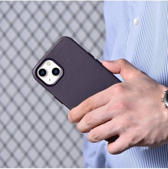 iCarer Case Läderfodral för iPhone 14 Plus mörklila (MagSafe-kompatibel)