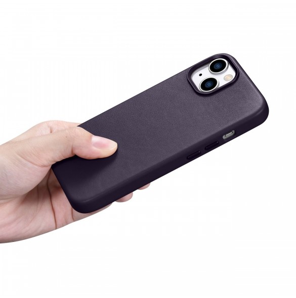 iCarer Case Läderfodral för iPhone 14 Plus mörklila (MagSafe-kompatibel)