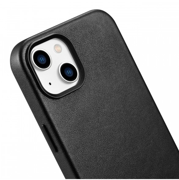 iCarer Fodral Läderfodral för iPhone 14 Plus äkta läderfodral svart (kompatibelt med MagSafe)