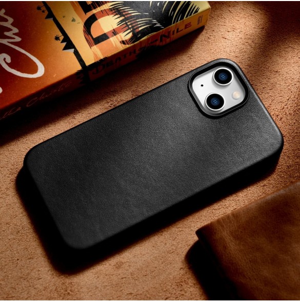 iCarer Fodral Läderfodral för iPhone 14 Plus äkta läderfodral svart (kompatibelt med MagSafe)