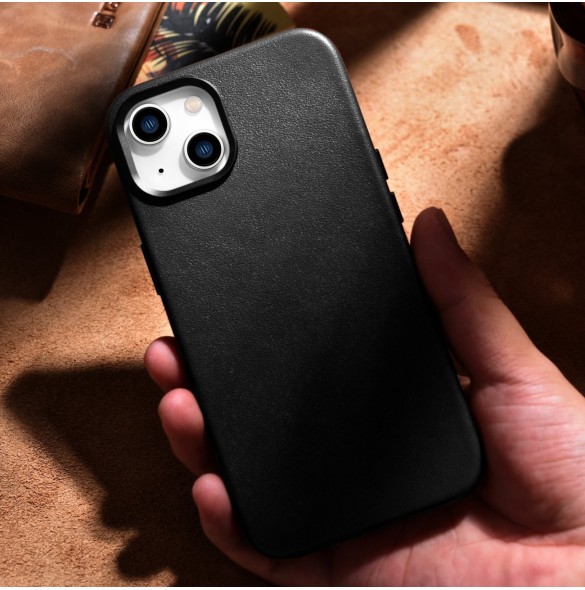 iCarer Fodral Läderfodral för iPhone 14 Plus äkta läderfodral svart (kompatibelt med MagSafe)