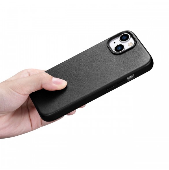 iCarer Fodral Läderfodral för iPhone 14 Plus äkta läderfodral svart (kompatibelt med MagSafe)