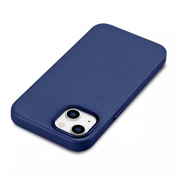 iCarer Fodral Läderfodral för iPhone 14 Plus äkta läderfodral blå (kompatibelt med MagSafe)