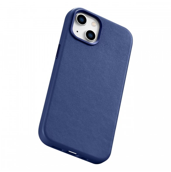 iCarer Fodral Läderfodral för iPhone 14 Plus äkta läderfodral blå (kompatibelt med MagSafe)