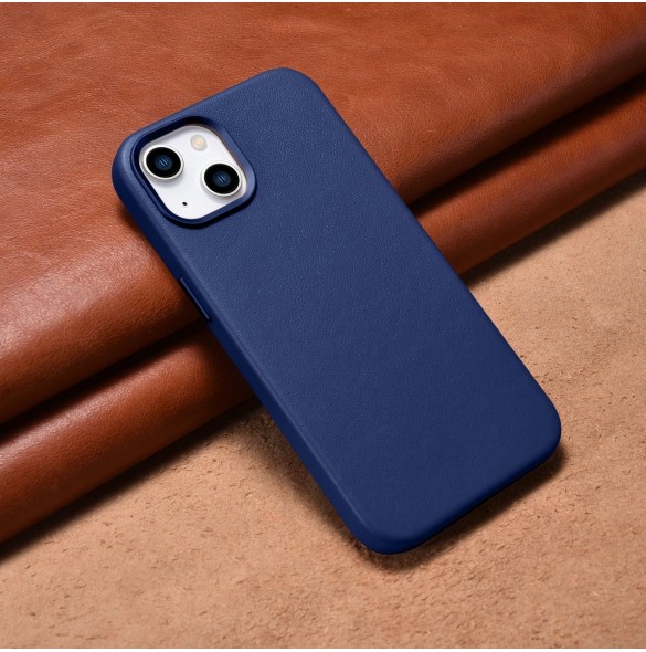 iCarer Fodral Läderfodral för iPhone 14 Plus äkta läderfodral blå (kompatibelt med MagSafe)