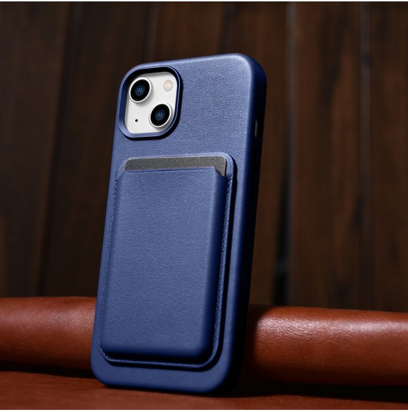 iCarer Fodral Läderfodral för iPhone 14 Plus äkta läderfodral blå (kompatibelt med MagSafe)