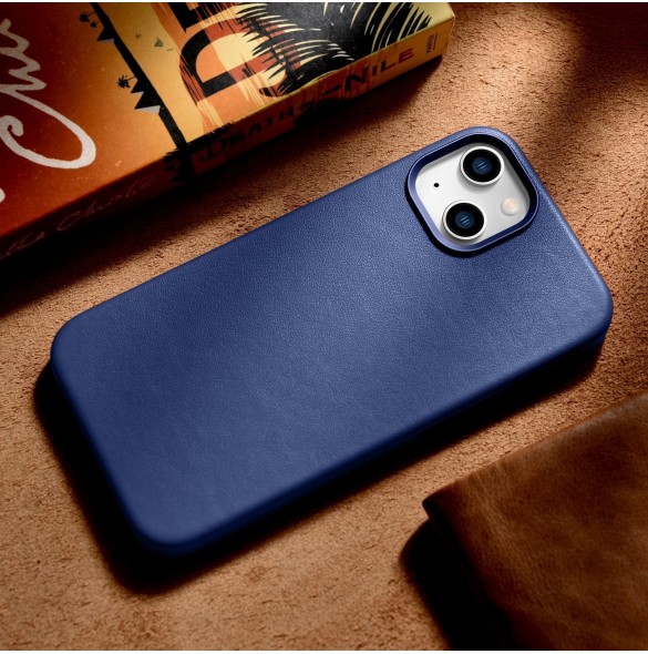 iCarer Fodral Läderfodral för iPhone 14 Plus äkta läderfodral blå (kompatibelt med MagSafe)