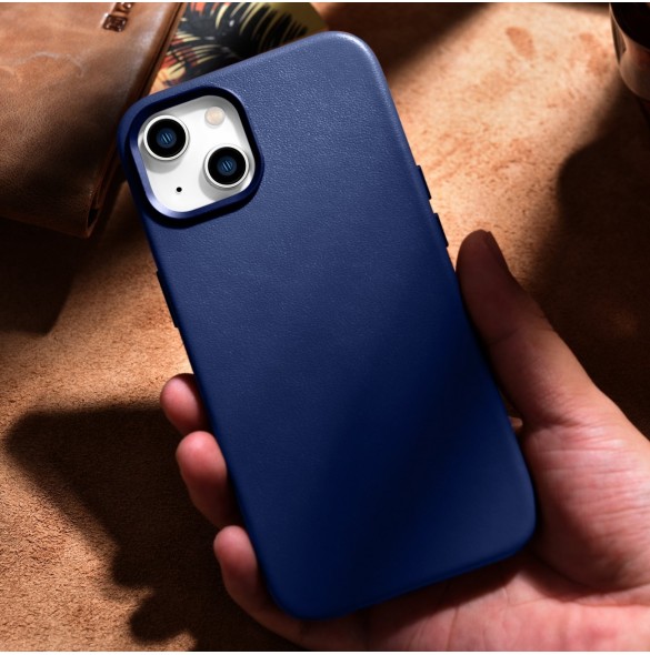 iCarer Fodral Läderfodral för iPhone 14 Plus äkta läderfodral blå (kompatibelt med MagSafe)