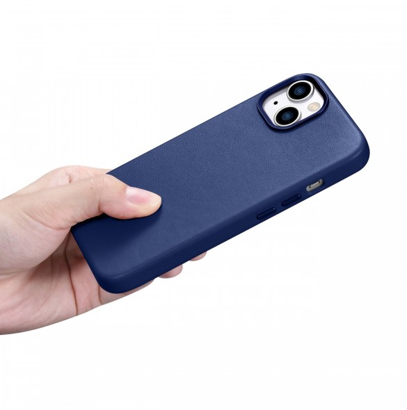 iCarer Fodral Läderfodral för iPhone 14 Plus äkta läderfodral blå (kompatibelt med MagSafe)