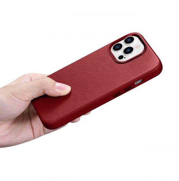iCarer Fodral Läderfodral Äkta läderfodral för iPhone 14 Pro Max röd (WMI14220708-RD) (MagSafe-kompatibel)