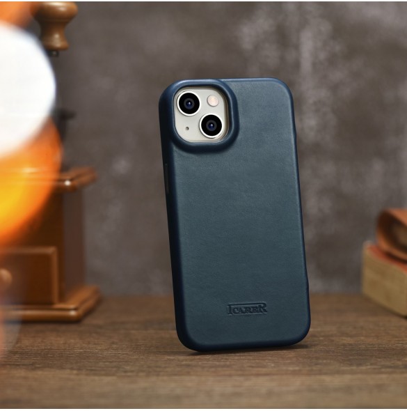 iCarer CE Oil Wax Premium Leather Folio Case iPhone 14 Plus magnetiskt flipfodral MagSafe blå (AKI14220707-BU)